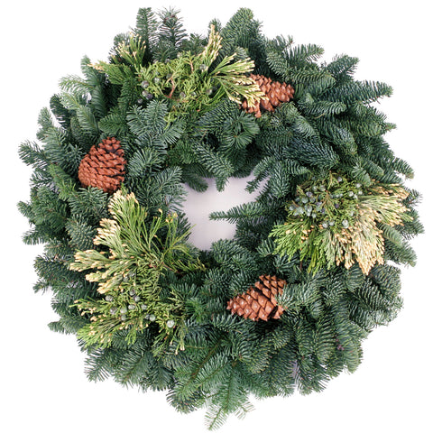 Live - Fresh Cut - Northwest Mixed Wreath - 20" - with Pinecones