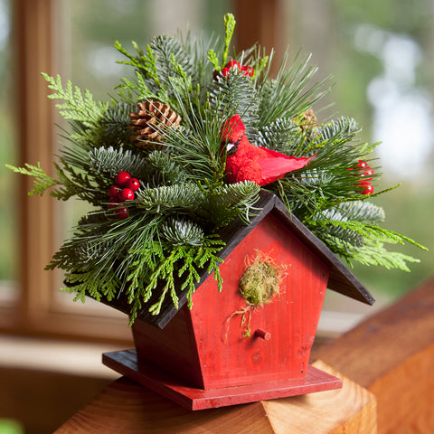 Live - Fresh Cut - Northwest Birdhouse Centerpiece - with Cardinal