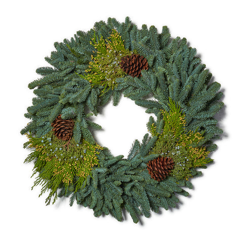 Live - Fresh Cut - Northwest Mixed Wreath with Pinecones - 20" - Decorated