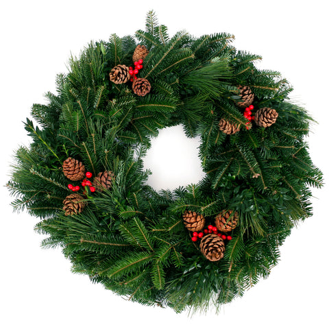 Live - Fresh Cut - Blue Ridge Mountain Mixed Wreath - 24" - with Pinecones and Berries